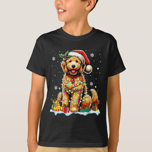 Goldendoodle Christmas Santa Hat Fairy Lights Paja T-Shirt (Vorderseite)