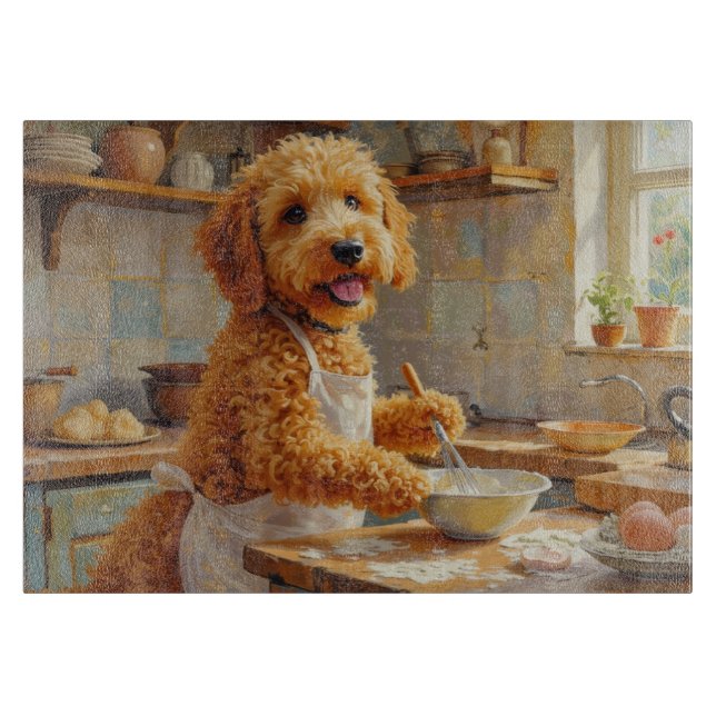 Goldendoodle Cooking in Kitchen Schneidebrett (Vorderseite)