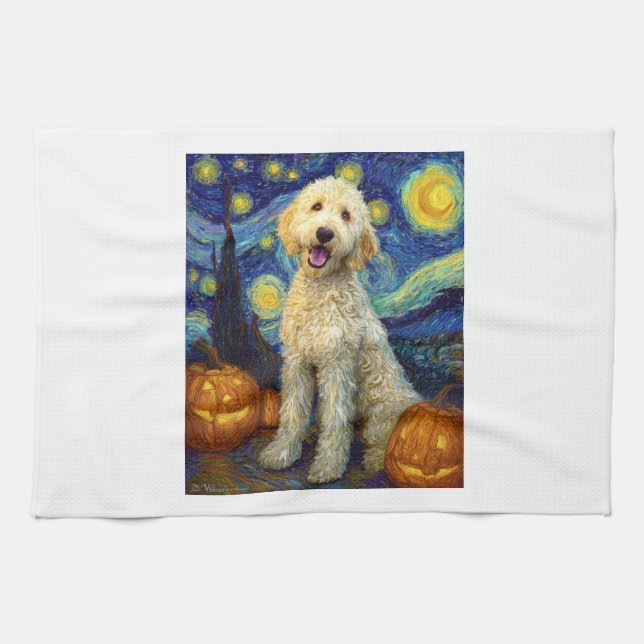 Goldendoodle Cute Dog Halloween Jack O Lantern Pum Geschirrtuch (Horizontal)