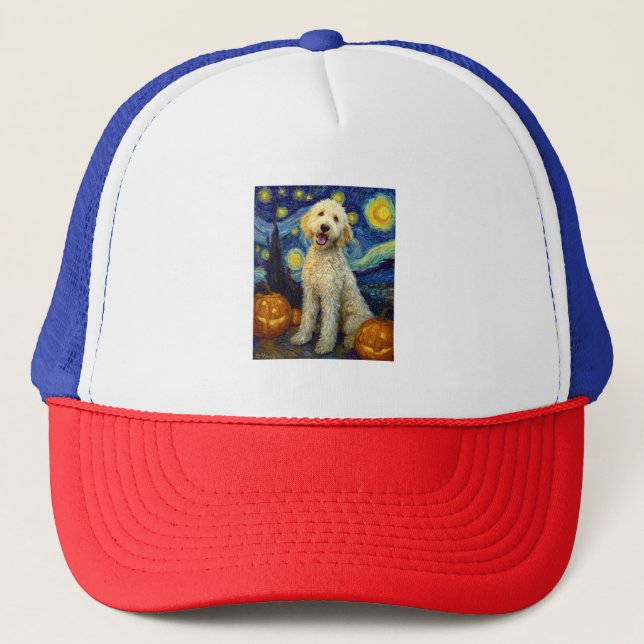 Goldendoodle Cute Dog Halloween Jack O Lantern Pum Truckerkappe (Vorderseite)
