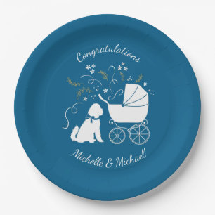 Goldendoodle Dog Baby Shower Boy Blue Pappteller