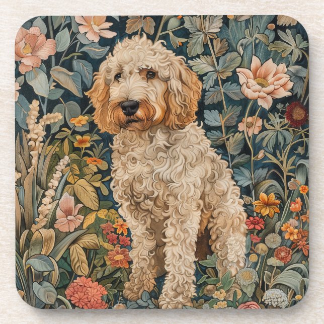 Goldendoodle Dog im William Morris Style Garden Getränkeuntersetzer (Vorderseite)