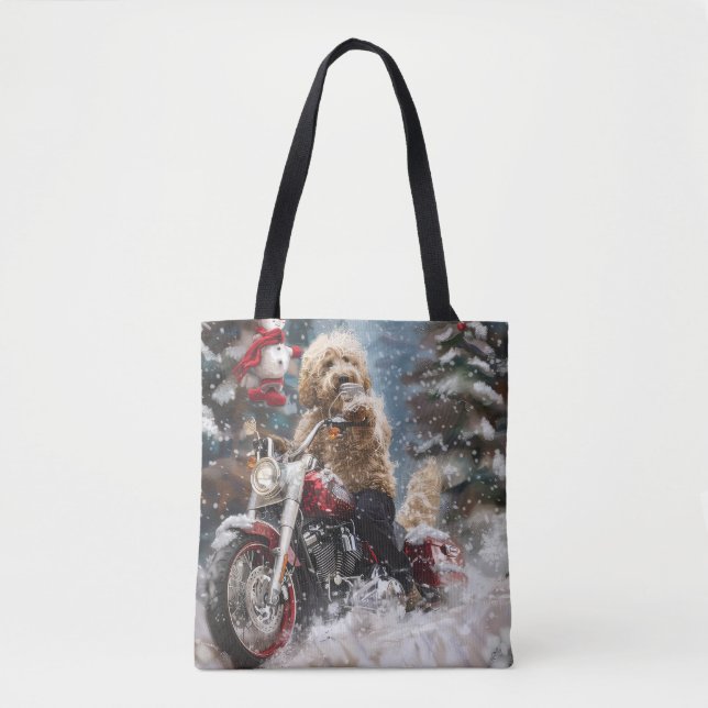 Goldendoodle Dog Riding Motorrad Weihnachten (Vorderseite)