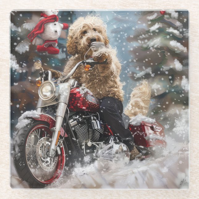 Goldendoodle Dog Riding Motorrad Weihnachten Glasuntersetzer (Vorderseite)