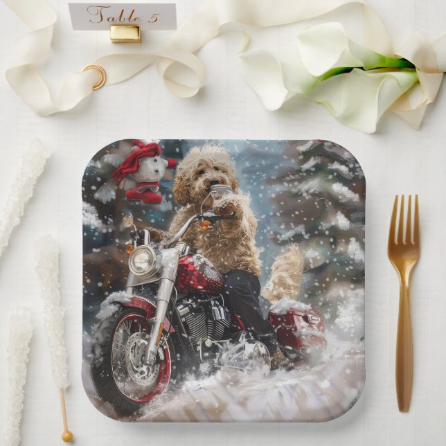 Goldendoodle Dog Riding Motorrad Weihnachten Pappteller (Hochzeit)