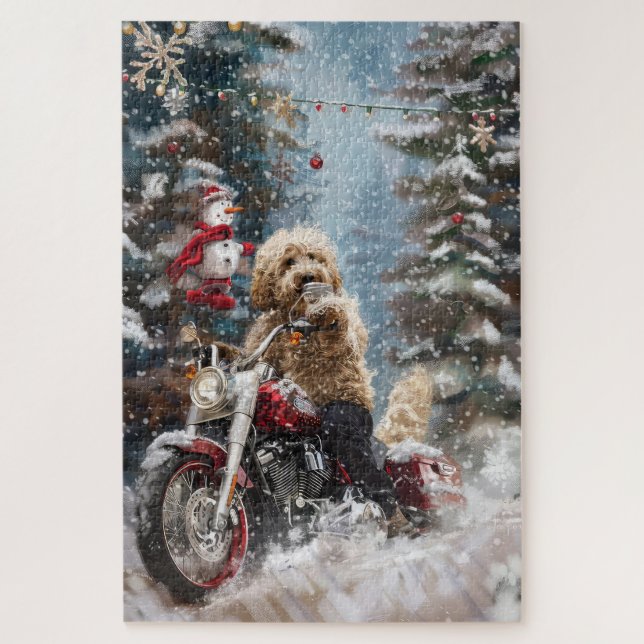 Goldendoodle Dog Riding Motorrad Weihnachten Puzzle (Vertikal)
