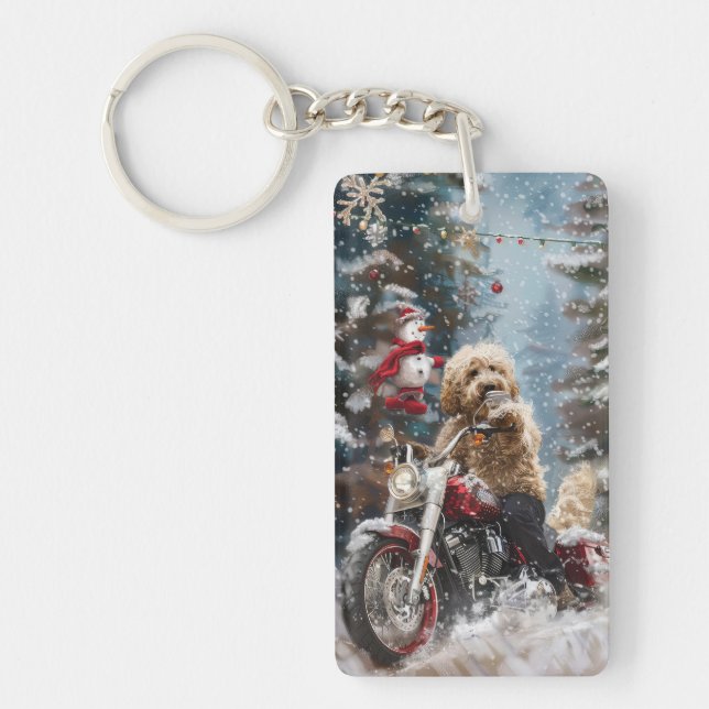 Goldendoodle Dog Riding Motorrad Weihnachten Schlüsselanhänger (Vorderseite)