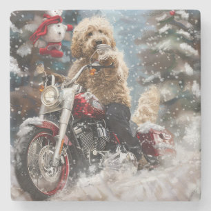 Goldendoodle Dog Riding Motorrad Weihnachten Steinuntersetzer