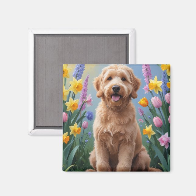Goldendoodle Dog Spring Blumen Malerei Magnet (Vorderseite/Rückseite)
