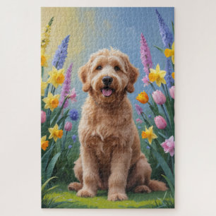 Goldendoodle Dog Spring Blumen Malerei Puzzle