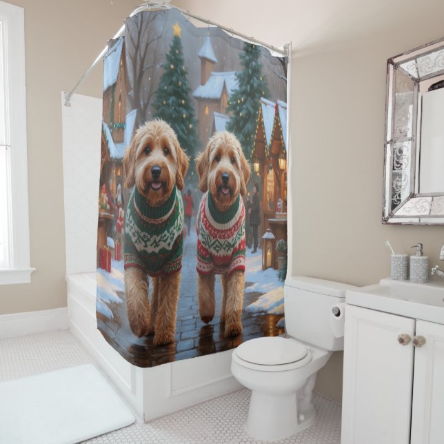Goldendoodle Dogs Christmas Snow Holiday Duschvorhang (Beispiel)