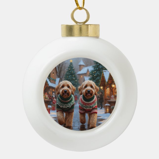 Goldendoodle Dogs Christmas Snow Holiday Keramik Kugel-Ornament (Vorderseite)