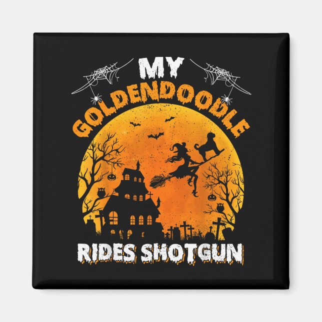 Goldendoodle fährt Shot Goldendoodle Hund Hallowee Magnet (Vorne)