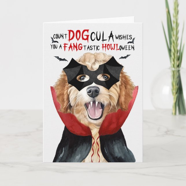 Goldendoodle Funny Count DOGcula Halloween Feiertagskarte (Vorderseite)