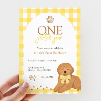 Goldendoodle Gelb Gingham Erster Geburtstag Einladung