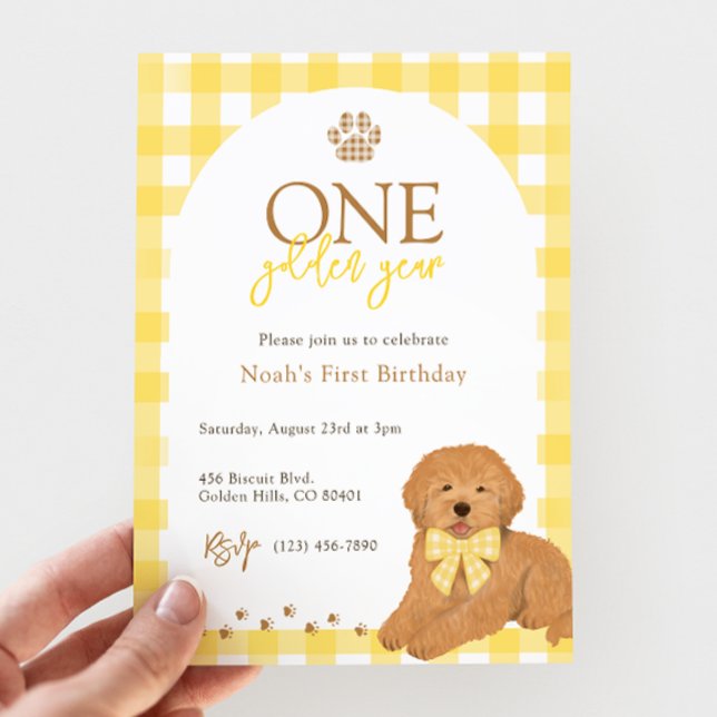 Goldendoodle Gelb Gingham Erster Geburtstag Einladung (Von Creator hochgeladen)