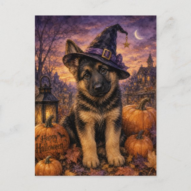 Goldendoodle Hexenhut Kürbis Postkarte (Vorderseite)