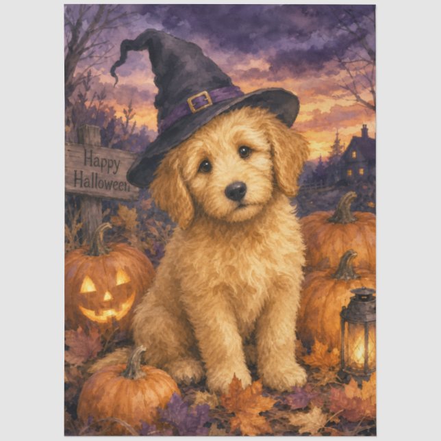 Goldendoodle Hexenhut Kürbis Seidenpapier (Vorderseite)