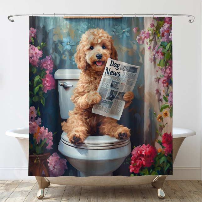 Goldendoodle Hund auf der Toilette Sonnenbad Duschvorhang (Von Creator hochgeladen)