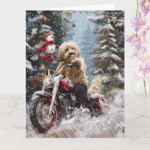 Goldendoodle Hund fährt Motorrad Weihnachten Karte
