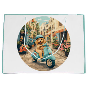 Goldendoodle-Hund fährt Roller durch europäische S Große Geschenktüte