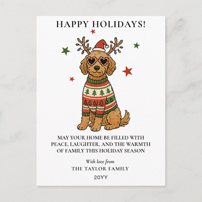 Goldendoodle-Hund hässlicher Weihnachtspullover Feiertagspostkarte (Vorderseite)