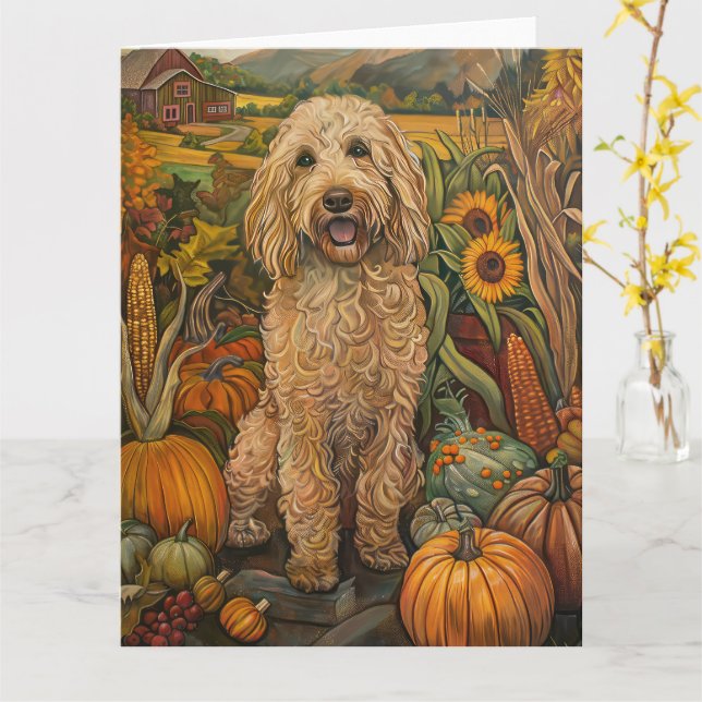Goldendoodle Hund Herbst Ernte Erntedank Karte (Gelbe Blume)
