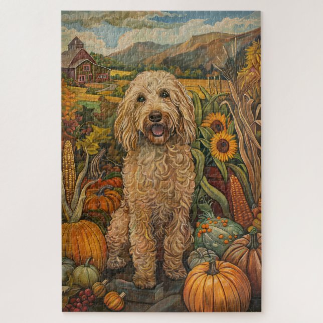 Goldendoodle Hund Herbst Ernte Erntedank Puzzle (Vertikal)