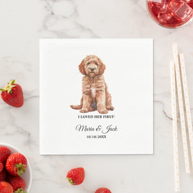 Goldendoodle Hund ich liebte ihre erste Hochzeit Serviette (Beispiel)
