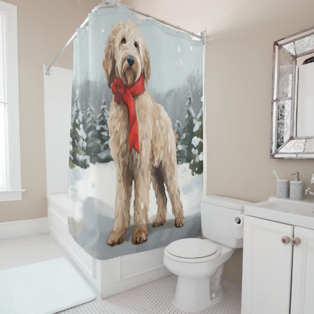 Goldendoodle Hund im Schnee Weihnachten Duschvorhang (Beispiel)