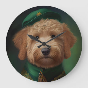 Goldendoodle-Hund im St. Patrick's Day-Kleid Große Wanduhr