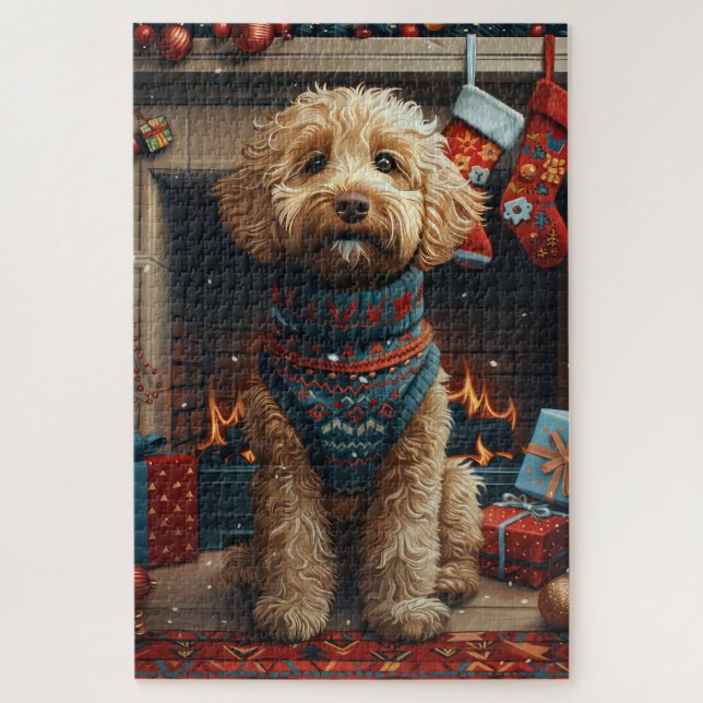 Goldendoodle Hund mit Weihnachtsgeschenken Feuerpl Puzzle (Vertikal)