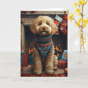 Goldendoodle-Hund mit Weihnachtsgeschenken Kamin Karte