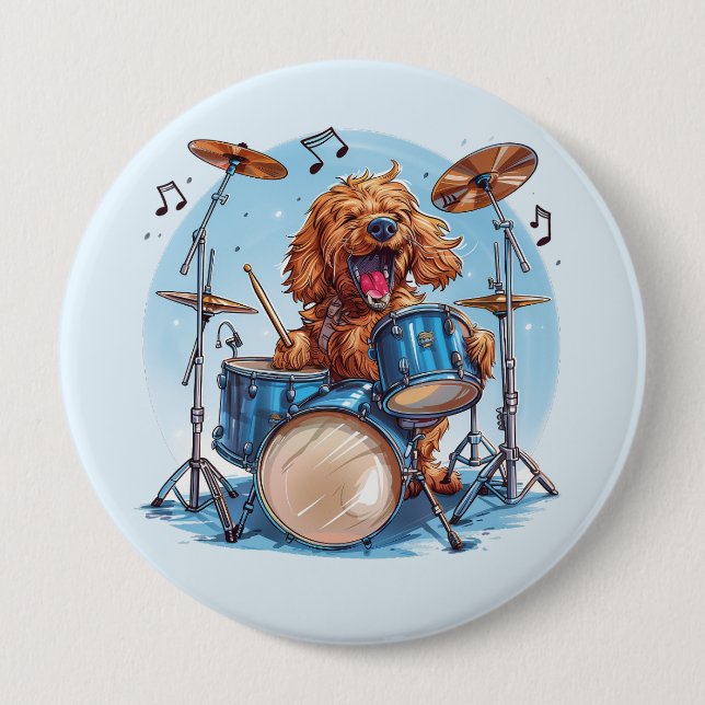 Goldendoodle Hund spielt Schlagzeug Button (Vorderseite)
