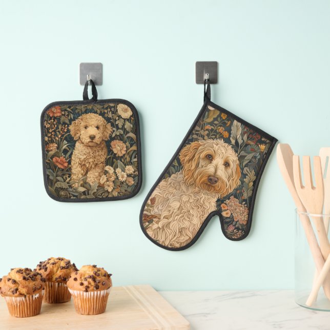 Goldendoodle Hund und Welpengarten Ofenhandschuh & Topflappen-Set (Insitu (Hängend))