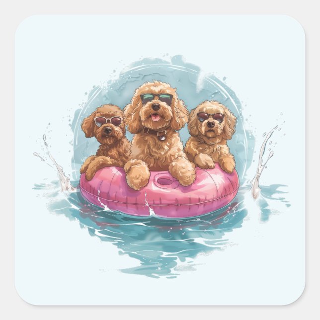 Goldendoodle Hunde Sommer Ananas Pool Float Quadratischer Aufkleber (Vorderseite)