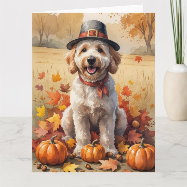Goldendoodle im Herbst belebt Erntedank Kunst Karte (Vorderseite)