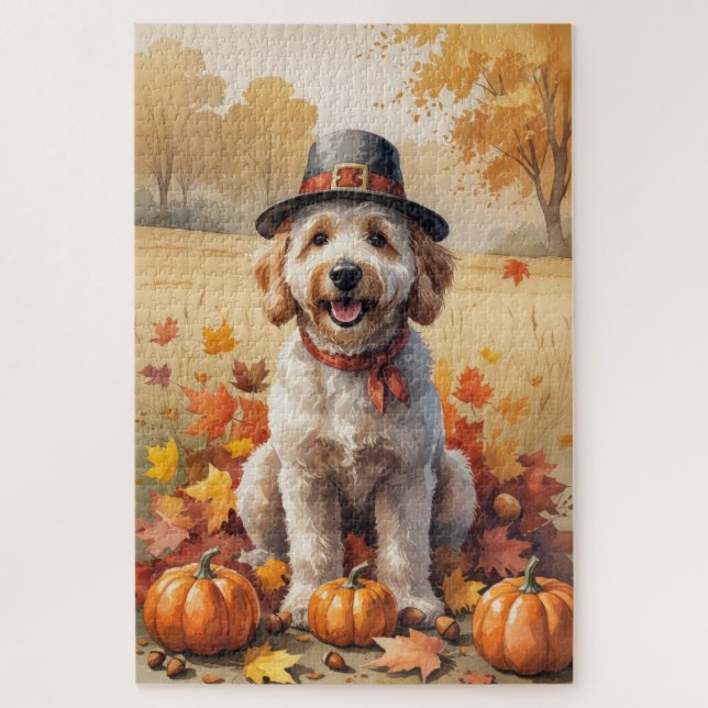 Goldendoodle im Herbst belebt Erntedank Kunst Puzzle (Vertikal)