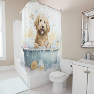 Goldendoodle in Badewanne Wasserfarben Dog Kunst, Duschvorhang