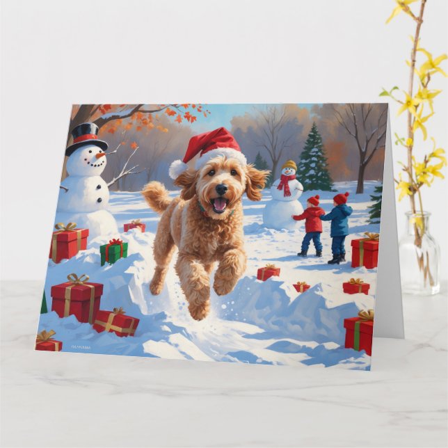 Goldendoodle läuft im Schnee mit Weihnachtshut Karte (Gelbe Blume)