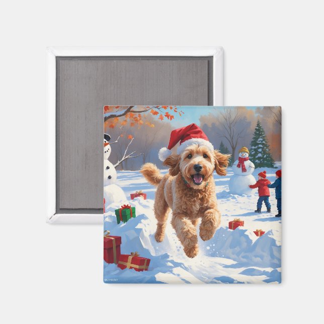 Goldendoodle läuft im Schnee mit Weihnachtshut Magnet (Vorderseite/Rückseite)