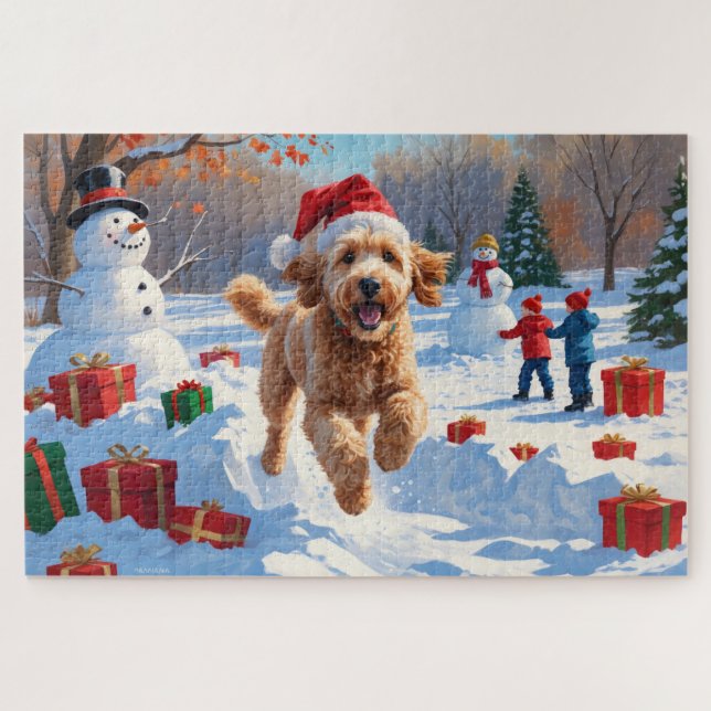 Goldendoodle läuft im Schnee mit Weihnachtshut Puzzle (Horizontal)