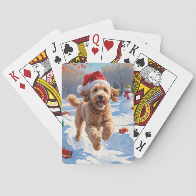 Goldendoodle läuft im Schnee mit Weihnachtshut Spielkarten (Rückseite)