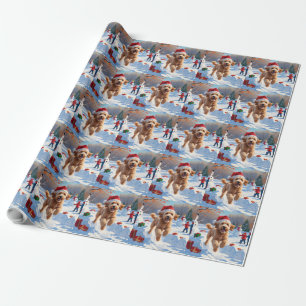 Goldendoodle läuft im Schnee mit Weihnachtsmütze Geschenkpapier