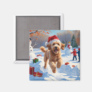 Goldendoodle läuft im Schnee mit Weihnachtsmütze Magnet
