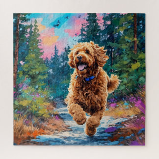 Goldendoodle läuft im Wald Puzzle