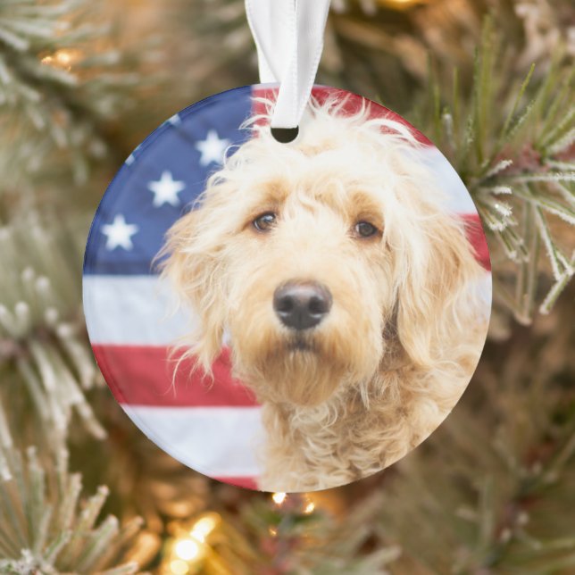 Goldendoodle mit amerikanischer Flagge Ornament (Baum)