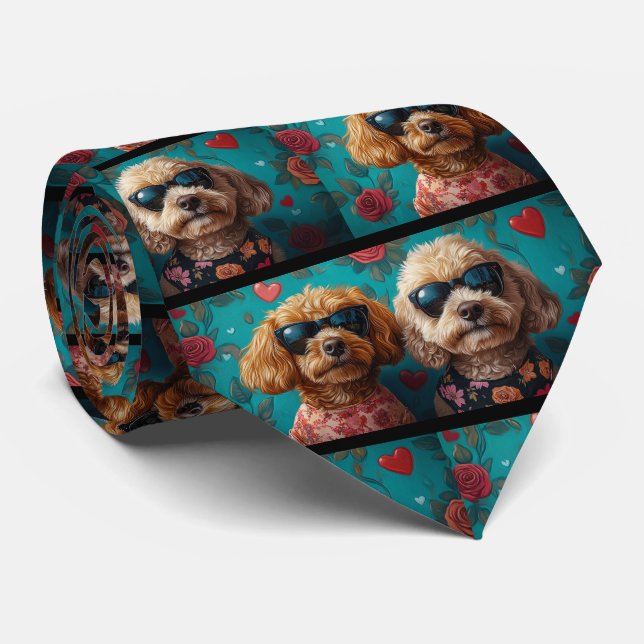 Goldendoodle mit Herz-Rose Valentinstag Krawatte (Gerollt)