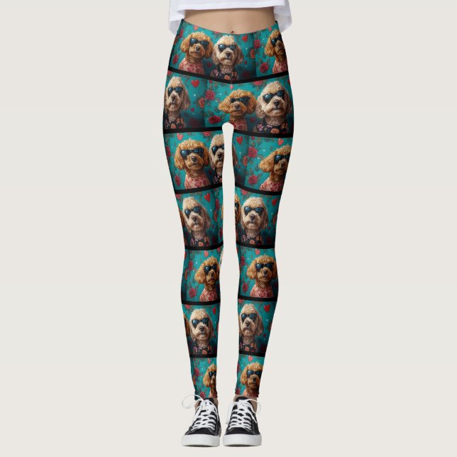 Goldendoodle mit Herz-Rose Valentinstag Leggings (Vorderseite)
