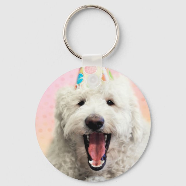 Goldendoodle mit Party-Hut Schlüsselanhänger (Vorderseite)